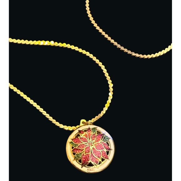 Heavy HMK Signed Cloisonné Poinsettia Pendant Necklace On 26" Chain - Picture 3 of 9